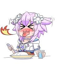 &gt;_&lt; 1girl burning_mouth choker cup curry curry_rice d-pad d-pad_hair_ornament drinking_glass fire food hair_ornament holding holding_cup holding_spoon hood hooded_jacket hoodie ice ice_cube jacket jewelry neck_ring nepnepdaitsuki neptune_(neptunia) neptune_(series) open_mouth plate purple_hair rice short_hair simple_background solo spicy spoon tongue tongue_out usb water white_background white_choker