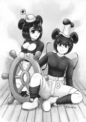 1boy 1girl absurdres animal_ears black_hair blueaizu3e disney full_body gloves hat highres humanization looking_at_viewer mickey_mouse mickey_mouse_&amp;_friends minnie_mouse monochrome mouse_ears open_mouth shirt short_hair smile steamboat_willie tail white_gloves