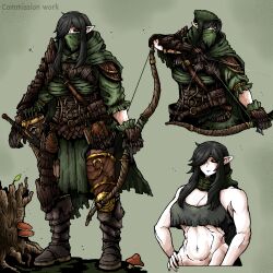 1girl armor baklava black_hair black_sclera boots bow_(weapon) cloak colored_sclera cropped_torso elf fantasy green_cloak highres hood hood_down hood_up hooded_cloak long_hair midriff multiple_views navel octosoup pointy_ears quiver scarf sheath shoulder_armor sidelocks solo sword toned toned_female warhammer_fantasy weapon yellow_eyes