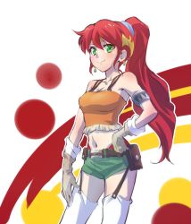 Rule 34 | 10s, armband, bellows (suisei no gargantia), earrings, garter straps, gloves, green eyes, hand on own hip, iesupa, itou shizuka, jewelry, ponytail, pyrrha nikos, red hair, rwby, short shorts, shorts, simple background, solo, suisei no gargantia, tank top, thighhighs, voice actor connection