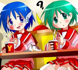 3girls ? blush cbx10001 dot_nose drink drinking_straw facing_away food hair_ribbon holding indoors kamigishi_akari long_sleeves looking_at_viewer matsubara_aoi medium_hair multi_(to_heart) multiple_girls open_mouth panties red_hair red_sailor_collar red_skirt ribbon sailor_collar school_uniform shirt sitting skirt table thighhighs to_heart to_heart_(series) underwear white_panties white_thighhighs
