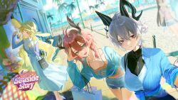3girls absurdres alternate_costume alternate_hairstyle black_horns black_shirt blonde_hair blue_dress blue_shirt blue_sky blurry blurry_background breasts camisole charm_(object) ciaccona_(wuthering_waves) commentary crop_top curled_horns day denim denim_skirt dress english_commentary green_eyes hair_between_eyes hand_up harui_(hr_x9_) hat highres holding holding_charm horns large_breasts logo long_hair looking_at_viewer medium_breasts multicolored_hair multiple_girls official_art open_mouth orange_camisole outdoors parted_lips phoebe_(wuthering_waves) pointy_ears purple_eyes red_eyes second-party_source shirt skirt sky smile straw_hat streaked_hair tacet_discord_(wuthering_waves) tacet_mark_(wuthering_waves) tree_horns very_long_hair wuthering_waves zani_(wuthering_waves)