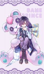 10s 1boy bags_under_eyes blue_ribbon boots copyright_name dame_x_prince gradient_hair highres lace-up_boots male_focus mare_(dame_x_prince) mare_selen_el_phiriazar multicolored_hair purple_hair red_eyes ribbon sakusan_(ch3cooh) solo striped_ribbon stuffed_animal stuffed_toy teddy_bear vest