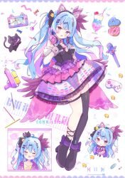 Rule 34 | 1girl, :d, absurdres, animal ear headphones, animal ears, bare shoulders, black boots, black gloves, black shirt, black thighhighs, blue hair, blush, boots, candy, cat ear headphones, chibi, closed mouth, commentary, commission, controller, detached sleeves, donut, fake animal ears, fingerless gloves, food, full body, game controller, gloves, hand up, headphones, headphones around neck, heterochromia, highres, indie virtual youtuber, lollipop, long hair, looking at viewer, microphone, multicolored hair, open mouth, pink hair, puffy detached sleeves, puffy sleeves, purple eyes, red eyes, shirt, simple background, single thighhigh, skeb commission, smile, thigh strap, thighhighs, tsukiyo (skymint), two-tone hair, virtual youtuber, water gun, white background, wrapped candy, yumseaki miu