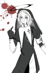 1boy aotsuki_eito armband black_dress black_gloves blood blood_splatter blue_eyes crossdressing dress glasses gloves halo long_hair looking_at_viewer male_focus middle_finger nun open_mouth solo solo_focus the_hundred_line_-last_defense_academy- white_background white_hair