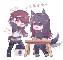 2girls afterimage animal_ear_fluff animal_ears arknights arm_up belt black_belt black_capelet black_eyes black_gloves black_hair black_pantyhose black_tail capelet chibi chibi_only chinese_commentary colored_inner_hair commentary_request detached_wings exusiai_(arknights) fingerless_gloves food full_body gloves grey_halo hair_between_eyes hair_over_one_eye halo highres holding holding_food holding_pocky long_hair looking_at_another looking_at_food multicolored_hair multiple_girls one_eye_covered open_mouth orange_eyes pantyhose penguin_logistics_logo pink_hair pocky short_hair simple_background sitting split_mouth tail tail_wagging texas_(arknights) thewintermarket traditional_halo white_background wings wolf_ears wolf_girl wolf_tail yellow_eyes