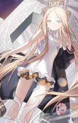 1girl abigail_williams_(fate) abigail_williams_(swimsuit_foreigner)_(fate) abigail_williams_(swimsuit_foreigner)_(second_ascension)_(fate) absurdres bare_shoulders black_bow blonde_hair blue_eyes bow braid braided_bun breasts double_bun dress_swimsuit fate/grand_order fate_(series) forehead hair_bun hat highres keyhole long_hair looking_at_viewer mitre miyu10366 one-piece_swimsuit orange_bow parted_bangs sidelocks small_breasts solo swimsuit tentacles thighs twintails very_long_hair white_hat white_one-piece_swimsuit