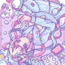 1girl blue_bow blue_eyes blue_hair blue_serafuku blue_shirt blue_skirt bow chouzetsusaikawa_tenshi-chan commentary_request cowboy_shot hair_bow highres long_hair long_sleeves multicolored_hair needy_girl_overdose obake_yura pill pink_hair pixel_art pleated_skirt purple_background quad_tails school_uniform serafuku shirt skirt solo upside-down