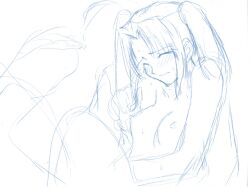 Rule 34 | 1boy, 1girl, blush, breasts, closed eyes, hair intakes, hetero, melty blood, missionary, monochrome, nipples, nude, official art, sex, sketch, small breasts, sweat, sweatdrop, tohno shiki, tsukihime, twintails, type-moon, white background, yumizuka satsuki