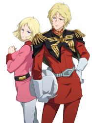 Rule 34 | 1boy, 1girl, arm at side, belt, black belt, blonde hair, blue eyes, blunt ends, brother and sister, char aznable, closed mouth, commentary request, cowboy shot, epaulettes, frown, gloves, gundam, hand on own hip, hand up, helmet, high collar, highres, holding, holding helmet, jacket, long sleeves, looking at another, looking to the side, military uniform, mobile suit gundam, nvig00, pants, pantyhose, parted lips, pink jacket, red jacket, red pants, sayla mass, short hair, siblings, simple background, standing, unworn headwear, unworn helmet, white background, white gloves, white pantyhose