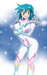 1girl allenby_beardsley alternate_costume blue_hair bodysuit breasts commentary_request cosplay covered_erect_nipples covered_navel crossed_arms g_gundam green_eyes grin gundam gundam_seed gundam_seed_freedom lacus_clyne lacus_clyne_(cosplay) looking_at_viewer mecha_pilot_suit medium_breasts multicolored_bodysuit normal_suit_(gundam) onnaski science_fiction short_hair skin_tight smile solo spacesuit teeth white_bodysuit