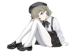 1girl beret black_skirt commentary_request djheycha expressionless full_body grey_eyes grey_hair hat hatoba_tsugu loafers looking_at_viewer mole mole_under_eye pantyhose shirt shoes short_hair simple_background sitting skirt solo suspender_skirt suspenders tsugu_(vtuber) white_background white_pantyhose white_shirt