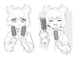 1girl :d ^_^ animal_ears bear_ears bear_girl before_and_after blunt_bangs blunt_ends blunt_sidelocks blush breaking chocolate closed_eyes closed_mouth collared_shirt cropped_torso dot_nose eyebrows_hidden_by_hair facing_viewer flat_chest food furrowed_brow giving_food greyscale grin gris_(vertigris) hair_intakes hand_up hands_up happy holding holding_food holding_ice_cream ice_cream ice_cream_bar incoming_gift light_blush long_eyelashes long_sleeves looking_at_food looking_down monochrome motion_lines multiple_views narrowed_eyes notice_lines open_mouth original outstretched_arm own_hands_together partially_unbuttoned popsicle_stick raised_eyebrows shirt short_hair sidelocks sketch sleeves_rolled_up smile sound_effects straight-on tareme thick_eyelashes tongue tongue_out v-shaped_eyebrows vertigris white_background wing_collar