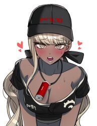 1girl black_ribbon black_shirt breasts cleavage collarbone commentary_request dark-skinned_female dark_skin grey_eyes grey_hair hair_ribbon heart kawana_tsubasa korean_commentary large_breasts long_hair looking_at_viewer midriff mole mole_under_mouth navel open_mouth palme310 ponytail ribbon shirt short_sleeves simple_background solo sweat teeth the_hundred_line_-last_defense_academy- very_long_hair white_background