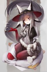 1girl abs absurdres animal_ears black_hat black_nails black_skin blurry blurry_background breast_tattoo breasts breasts_apart cape collarbone colored_extremities colored_skin commentary dyarikku_(vtuber) earrings english_commentary facial_tattoo fingernails fox_ears fox_girl fox_tail full_body grey_background grey_hair grey_skin hand_up hat highres holding holding_smoking_pipe indie_virtual_youtuber jewelry long_hair looking_to_the_side medium_breasts navel no_nipples no_pussy numanoan on_pillow parted_lips pillow purple_eyes red_hands red_skin rope sharp_fingernails shimenawa shoulder_tattoo single_bare_shoulder sitting smoke smoking smoking_pipe solo tail tattoo thighs toned toned_female virtual_youtuber white_cape white_rope yokozuwari