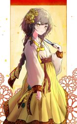 1girl alternate_costume braid braided_ponytail breasts brown_eyes brown_hair closed_mouth dress e20_(79324944) flower girls&#039;_frontline hair_flower hair_ornament hanbok hand_fan highres holding holding_fan korean_clothes light_blush long_hair looking_at_viewer petals scar scar_across_eye scar_on_face simple_background small_breasts smile solo standing two-tone_dress ump45_(girls&#039;_frontline) yellow_hanbok