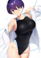 1girl armpits blue_eyes breasts cleaned cover cover_page covered_navel curvy destiny_lovers dress_shirt dressing grin groin highleg highleg_one-piece_swimsuit highres large_breasts manga_cover official_art one-piece_swimsuit open_clothes open_shirt paint_splatter purple_hair shirt short_hair sideboob simple_background smile solo swimsuit third-party_edit third-party_source tomohiro_kai white_background white_shirt yanase_aoi