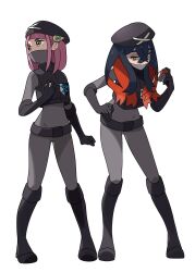 black_boots black_gloves black_hair black_vest bodysuit boots brown_eyes carmine_(pokemon) colored_inner_hair creatures_(company) crossed_bangs elbow_gloves full_body game_freak gloves grey_bodysuit hair_between_eyes hair_ornament hairclip highres himurohiromu holding holding_poke_ball lacey_(pokemon) long_hair looking_at_viewer looking_to_the_side mask mouth_mask multicolored_hair nintendo pink_hair poke_ball poke_ball_(basic) pokemon pokemon_bw2 pokemon_sv red_hair short_hair team_plasma_uniform thigh_boots two-tone_hair vest white_background yellow_eyes