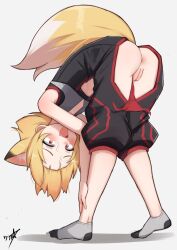 absurdres accident accidental_exposure accidental_pervert animal_ears anus baggy_clothes baggy_pants bent_over boppin butt_crack commission dungeons_&amp;_dragons exposing_self fang flat_chest fox_ears fox_girl fox_tail functionally_nude happy highres imminent_anal imminent_penetration japanese_clothes jumpsuit kitsune leg_grab loli nervous nervous_smile nervous_sweating pants pussy pussy_peek sarayah smile socks swaying sweat tail teasing