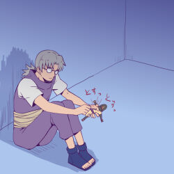 Rule 34 | 1boy, character doll, closed mouth, doll, grey hair, holding, holding doll, long hair, makidsume, male focus, naruto (classic), naruto (series), ninja, orochimaru (naruto), pants, purple pants, purple vest, round eyewear, sandals, short sleeves, solo, vest, yakushi kabuto