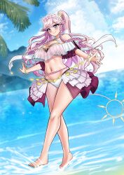 1girl absurdres artist_name bare_legs barefoot bikini blush braid breasts cleavage closed_mouth commentary commission english_commentary fire_emblem fire_emblem_awakening fire_emblem_heroes flower full_body hair_flower hair_ornament highres katou_shinobu large_breasts long_hair navel nintendo official_alternate_costume olivia_(fire_emblem) olivia_(summer)_(fire_emblem) pink_eyes pink_flower pink_hair smile solo stomach swimsuit toes very_long_hair water white_bikini