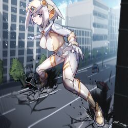 1girl absurdres android bodysuit breasts building car city cloud covered_erect_nipples crosswalk day full_body giant giantess grey_eyes grey_hair headgear highres impossible_bodysuit impossible_clothes koharuno_silk large_breasts looking_at_viewer motor_vehicle natsukaze_shigure outdoors road short_hair signature skin_tight sky skyscraper solo street ultimate_girl white_bodysuit white_hair
