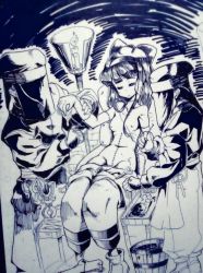 1girl 2boys breasts candle closed_eyes clothes_pull dismemberment doctor hair_ribbon highres legs long_hair multiple_boys nakoruru navel nipples pants pants_pull ribbon samurai_spirits small_breasts snk surgery thighs topless_female traditional_media
