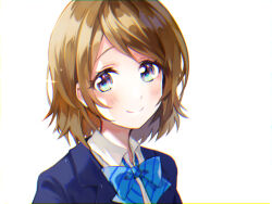 Rule 34 | 1girl, blue jacket, blue ribbon, blush, brown hair, commentary request, jacket, koizumi hanayo, looking at viewer, love live!, love live! school idol project, medium hair, naarann, neck ribbon, otonokizaka school uniform, pink eyes, ribbon, school uniform, shirt, smile, solo, white background, white shirt