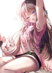 1girl absurdres black_hair blue_eyes bow highres koya_toofu long_hair multicolored_hair pink_hair pink_shirt shirt shorts sleepy solo split-color_hair stuffed_animal stuffed_toy t-shirt tachibana_hinano tachibana_hinano_(5th_costume) two-tone_hair virtual_youtuber vspo! waking_up white_background
