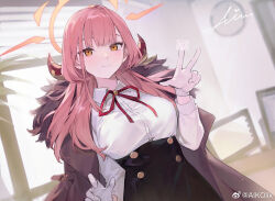 1girl aiko_(kanl) aru_(blue_archive) black_skirt blue_archive breasts brown_coat closed_mouth coat coat_on_shoulders collared_shirt commentary_request dutch_angle fur_collar gloves halo hand_up long_hair long_sleeves looking_at_viewer medium_breasts neck_ribbon orange_eyes pink_hair ribbon shirt skirt smile solo upper_body w white_gloves white_shirt