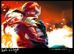 2boys animification blonde_hair blunt_bangs bodysuit brown_hair cape cloak eyebrows gloves green_eyes hood hooded_cloak hug kai_(ninjago) lloyd_garmadon lloyd_garmadon_(young) multiple_boys ninjago red_eyes short_hair shoulder_pads spiked_hair the_lego_group