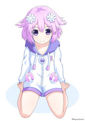 1girl absurdres arms_behind_back bare_legs barefoot blush breasts cleavage closed_mouth d-pad d-pad_hair_ornament feet full_body hair_between_eyes hair_ornament highres hood hooded_jacket jacket legs_apart looking_at_viewer neptune_(neptunia) neptune_(series) no_legwear non_porn purple_eyes purple_hair short_hair sitting small_breasts smile solo thighs toes usb white_jacket yashi_(hayashiki0404)