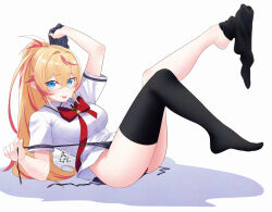 1girl akira_miku_ver black_thighhighs blonde_hair blue_eyes blush bow bowtie breasts collared_shirt crossed_bangs eyelashes feet full_body hair_between_eyes hair_intakes holding holding_unworn_clothes holding_unworn_skirt impossible_clothes impossible_shirt large_breasts leg_up legs multicolored_hair no_pants no_shoes original panties pink_hair plaid_clothes plaid_skirt red_bow red_bowtie shadow shirt short_sleeves side-tie_panties sidelocks signature simple_background skirt solo streaked_hair thighhighs thighs toes tongue tongue_out underwear undressing unworn_skirt white_background white_shirt