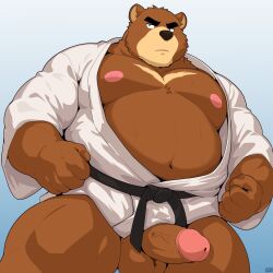 1boy animal_ears bara bare_pectorals bear_boy bear_ears belly brown_fur commentary english_commentary erection fat furry furry_male highres juuichi_mikazuki looking_to_the_side male_focus morenatsu navel nipples open_mouth pectorals penis phan_(phan0619) plump testicles