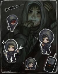 ! !! 1boy bad_anatomy bad_hands bags_under_eyes black_eyes black_gloves black_hair blood blood_from_forehead blood_on_face border chibi chibi_inset clip_studio_paint_(medium) closed_eyes cry_of_fear crying dual_persona fingerless_gloves gloves grey_hoodie hand_on_own_face hand_on_own_head highres holding holding_phone hood hood_up hoodie imminent_self-harm leukocoria looking_at_viewer male_focus multiple_views open_mouth phone prozakhungry short_hair simon_henriksson simon_henriksson_(book) standing standing_on_one_leg syringe teeth upper_body upper_teeth_only white_border wrist_cutting