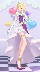 1girl :d absurdres anklet balloon bare_legs bare_shoulders blonde_hair blush checkered_floor commentary cosplay criss-cross_halter cure_earth cure_earth_(cosplay) dress elbow_gloves flats forehead full_body fuurin_asumi gloves gold_anklet gold_thighlet hair_bun half-closed_eyes halterneck hand_on_own_face hand_up head_tilt healin&#039;_good_precure heart heart_balloon heel_up highres indoors jewelry looking_at_viewer magical_girl off-shoulder_dress off_shoulder open_mouth precure purple_dress purple_eyes purple_shoes self_cosplay shoes short_hair side_slit single_hair_bun smile solo standing thighlet tiler_(tiler00) white_gloves