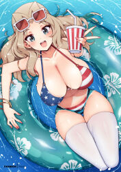 1girl :d american_flag american_flag_bikini american_flag_print bikini blonde_hair blue_eyes breasts cleavage commission cup disposable_cup drinking_straw eyewear_on_head flag_print flag_print_bikini girls_und_panzer hair_intakes holding holding_cup inflatable_raft kay_(girls_und_panzer) large_breasts navel open_mouth print_bikini smile solo swimsuit thighhighs virus-g water white_thighhighs