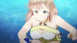 2girls air_bubble animated anime_screenshot ass atelier_(series) atelier_ryza atelier_ryza_1 atelier_ryza_2 bikini blonde_hair blowing_bubbles breasts brown_eyes brown_hair bubble butt_crack cleavage cleavage_cutout clothing_cutout green_eyes highres holding_hands klaudia_valentz large_breasts multiple_girls navel ocean partially_submerged partially_underwater_shot reisalin_stout shell stomach submerged swimsuit tagme thick_thighs thighs underwater video water