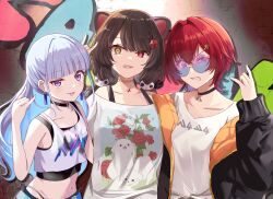 3girls :p \n/ ange_katrina ange_katrina_(5th_costume) animal_ears animal_hair_ornament animal_print arm_behind_another&#039;s_back bare_shoulders black_choker black_jacket black_tank_top blue-tinted_eyewear blue_eyes blue_hair blunt_bangs breasts brown_hair choker cleavage clenched_teeth collarbone colored_inner_hair commentary crossed_bangs dog_ears earrings fanged_bangs fangs floral_print flower gradient-tinted_eyewear graffiti hair_between_eyes hair_flower hair_intakes hair_ornament hand_up inui_toko inui_toko_(2nd_costume) jacket jewelry lace lace_choker lize_helesta lize_helesta_(8th_costume) long_hair long_sleeves looking_at_viewer low_twintails midriff multicolored_hair multiple_girls navel nijisanji off-shoulder_shirt off_shoulder open_mouth orange_jacket panty_straps pendant_choker ponytail print_shirt print_tank_top purple-tinted_eyewear purple_eyes quilted_jacket red_eyes red_hair rikopin rimless_eyewear round_eyewear sanbaka_(nijisanji) shirt side-by-side small_breasts t-shirt tank_top teeth tinted_eyewear tongue tongue_out twintails two-sided_fabric two-sided_jacket uneven_eyes upper_teeth_only virtual_youtuber white_hair white_shirt white_tank_top yellow_eyes