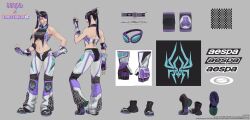 Rule 34 | 1girl, aespa, ass, asymmetrical hair, black hair, boots, commentary, crop top, elbow pads, english commentary, fingerless gloves, gloves, goggles, goggles around neck, hair bun, han juri, highres, multicolored hair, official alternate costume, official alternate hairstyle, official art, purple hair, reference sheet, side ponytail, single hair bun, solo, streaked hair, street fighter, street fighter 6