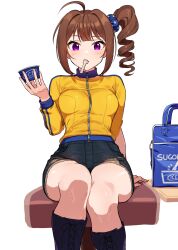 ahoge black_boots black_shorts blush boots breasts brown_hair cup feet_out_of_frame hair_intakes highres holding holding_cup idolmaster idolmaster_million_live! jacket kamille_(vcx68) knee_boots looking_at_viewer medium_breasts mouth_hold pink_eyes shorts side_ponytail simple_background sitting torn_clothes torn_shorts track_jacket white_background yellow_jacket yokoyama_nao
