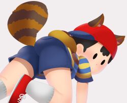 1boy animal_ears ass ass_focus backpack bag black_hair blue_shorts blush cap huge_ass legs looking_back male_focus mother_(series) mother_2 ness_(mother_2) nintendo raccoon_ears raccoon_tail red_cap shirt shoes shorts shota sneakers socks srtiped_shirt super_smash_bros. tail white_socks yellow_shirt