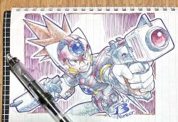 Rule 34 | 1boy, android, armor, artist logo, axl (mega man), black armor, brown hair, chest jewel, commentary, cowboy shot, cross scar, dated, dual wielding, finger on trigger, forehead jewel, gun, helmet, highres, holding, holding gun, holding weapon, logo, long hair, male focus, mega man (series), mega man x (series), photo (medium), pn13ban, red helmet, scar, scar on face, solo, spiked hair, symbol-only commentary, traditional media, weapon