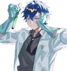 1boy absurdres aqua_eyes arms_up black_necktie blue_hair coat crying crying_with_eyes_open gloves grey_shirt hand_on_own_face highres holding holding_vial kayano_(kayanoakira01) lab_coat lapel_pin leos_vincent male_focus necktie nijisanji shirt short_hair simple_background solo tears teeth upper_body vial virtual_youtuber white_background white_coat