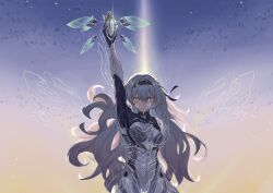 1girl absurdres black_hairband bodysuit breasts firefly_(ar-26710)_(honkai:_star_rail) firefly_(honkai:_star_rail) floating_hair grey_hair hair_between_eyes hairband henshin_pose highres honkai:_star_rail honkai_(series) long_hair looking_at_viewer medium_breasts morning multicolored_eyes official_alternate_costume pilot_suit purple_eyes redfield09 sky solo sun sunrise two-tone_eyes upper_body very_long_hair white_bodysuit
