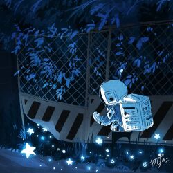 Rule 34 | 1other, absurdres, artist name, backpack, bag, blue jacket, broken fence, chain-link fence, commentary, fence, full body, gloves, glowing, grass, helmet, highres, jacket, kazunoko (kazunoko zunoco), nature, night, original, other focus, outdoors, path, radio antenna, road, signature, solo, space helmet, standing, star (symbol), white gloves