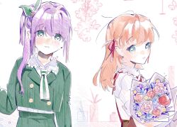 2girls aqua_eyes blue_flower blush bouquet buttons cerise_bouquet collared_shirt commentary_request cropped_jacket double-breasted dress_shirt flower frilled_shirt_collar frills green_eyes green_jacket green_necktie green_skirt hair_bun hair_flower hair_intakes hair_ornament hair_ribbon highres hinoshita_kaho holding holding_bouquet jacket link!_like!_love_live! long_hair long_sleeves love_live! multiple_girls neck_ribbon necktie no_jacket nose_blush official_alternate_costume orange_hair otomune_kozue parted_lips pink_flower pink_rose pinstripe_jacket pinstripe_pattern pinstripe_skirt pipi_(m1x_mix) purple_flower purple_hair red_flower red_ribbon red_rose ribbon rose shirt side_ponytail sidelocks single_side_bun sketch_background skirt square-end_necktie striped_clothes two_side_up vertical-striped_clothes vertical-striped_necktie virtual_youtuber white_background white_shirt yellow_flower