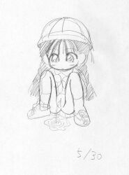 00s 1girl 2000 blush braid cleft_of_venus clothes_lift dated female_focus full_body hat kindergarten_uniform loli long_hair long_sleeves looking_down may monochrome panties panties_around_one_ankle peeing puddle pussy shirt shoes sketch skirt skirt_lift socks solo squatting sujiko_gozen twin_braids uncensored underwear