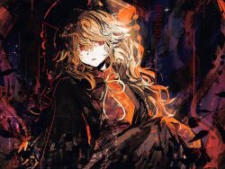 1girl belt black_belt black_dress black_hat chinese_clothes crescent crescent_print dalachi_(headdress) dress hair_between_eyes hat hm4307 junko_(touhou) long_hair long_sleeves looking_to_the_side mandarin_collar neck_ribbon open_mouth orange_hair pom_pom_(clothes) red_eyes red_tabard ribbon sidelocks sitting solo tabard tassel touhou wavy_hair wide_sleeves yellow_ribbon