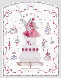 1girl absurdres ballet_slippers border bow bowtie brooch brown_hair cake cake_stand commentary cup dress food fruit_hat gloves highres huge_bowtie jewelry light_smile long_hair looking_at_viewer merry_christmas mini_person minigirl original ornate_border oversized_food oversized_object pantyhose pink_bow pink_bowtie pink_dress pink_slippers puffy_short_sleeves puffy_sleeves rocking_horse sakuraba_suzu saucer short_sleeves sitting slippers solo spoon star_(symbol) strawberry_hat teacup very_long_hair wavy_hair white_gloves white_pantyhose